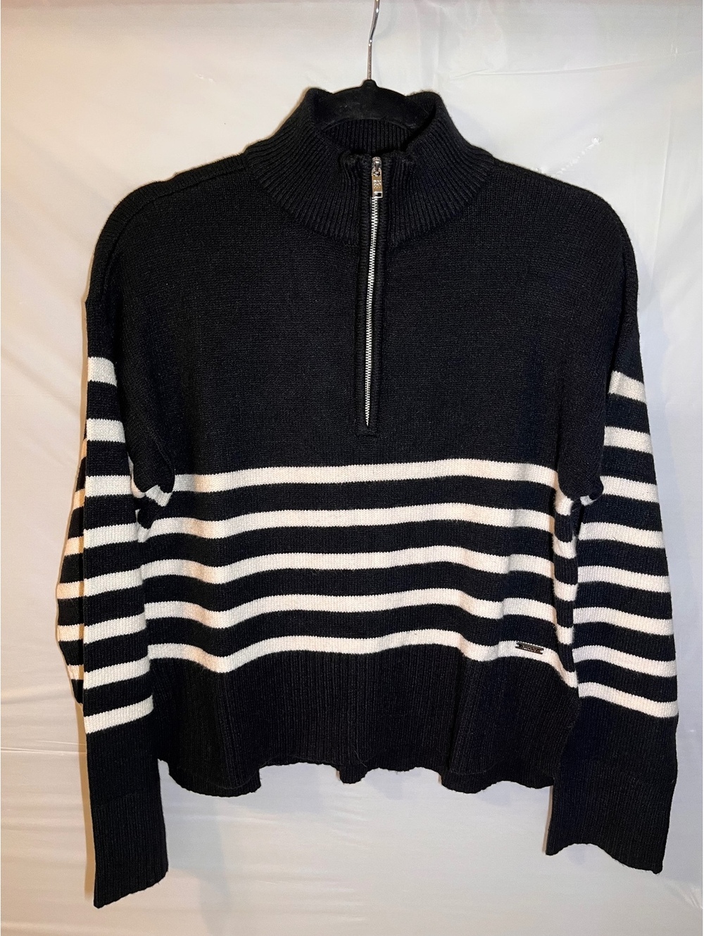 DKNY Women's Black and White Striped Half-Zip Sweater, Size Small